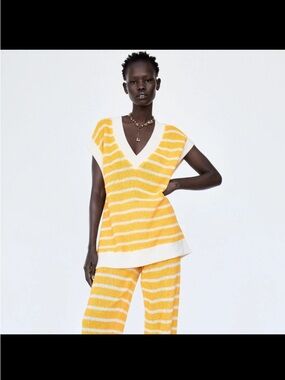 Zara Yellow and White Striped Knit Top and pants set